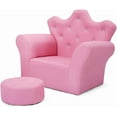thumbnail image 1 of Kids Sofa with Ottoman, Crown-Like Kids Couch w/Comfy Armrests, Sturdy Wood Structure, PVC Leather Surface & Crystal Decoration, Toddler Chair with Footstool, Ideal for Princess 3-5 (Pink), 1 of 18