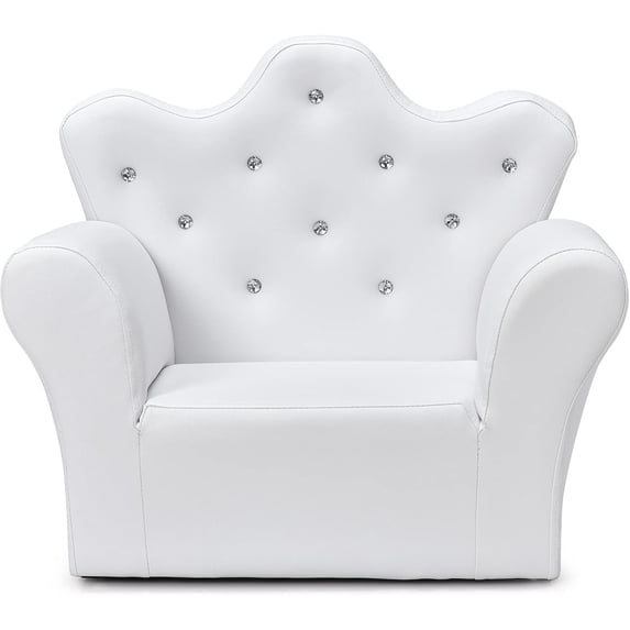 Kids Sofa with Ottoman, Crown-Like Kids Couch w/Comfy Armrests, Sturdy Wood Structure, PVC Leather Surface & Crystal Decoration, Toddler Chair with Footstool, Ideal for Princess 3-5 (White)
