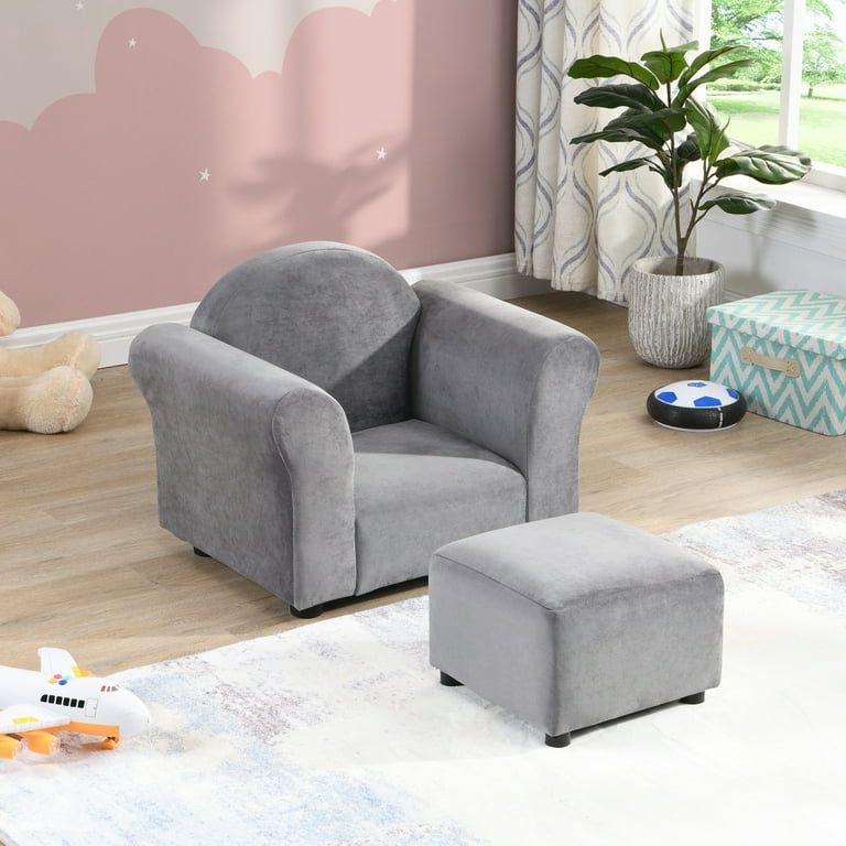 Kids Sofa with Ottoman, Velvet Upholstered Lounge Sofa with Wood
