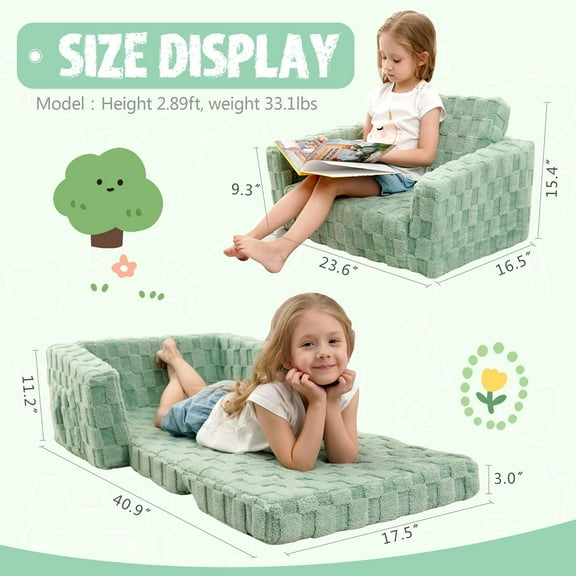 Kids Sofa, Toddler Chair, 2-in-1 Flannel Kids Fold Out Couch, Toddler Convertible Sofa to Lounger, Flip Open Toddler Couch for Kids (White)