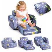 Kids Sofa Toddler Couch 3-in-1 Glow in the Dark Convertible Sofa Bed and Lounger for Boys and Girls, Grey Blue