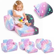 Kids Sofa Toddler Couch 2-in-1 Glow in the Dark Open Couch Foldable Convertible Toddler Bed for Boys Girls, Rainbow