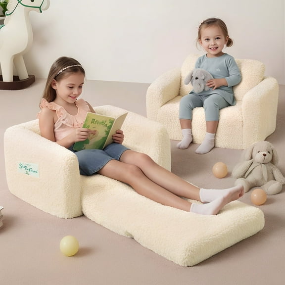 Kids Couch, 2 In 1 Foldable Toddler Couch ,Convertible Baby Sofa Chair for Boys and Girls, Beige