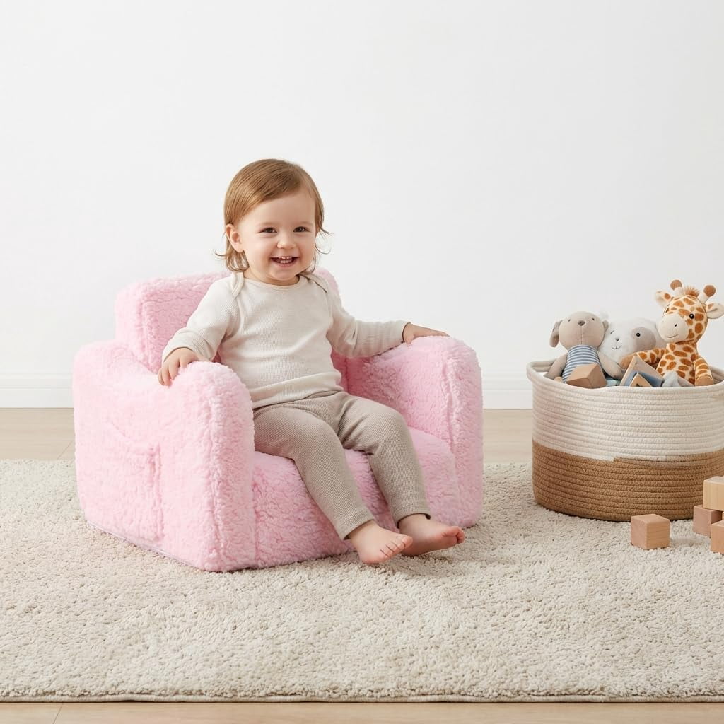 Kids Sofa for Toddler 1-3 Years, 2-in-1 Convertible Recliner & Lounger, Soft   Couch for Girl and Boy, Pink
