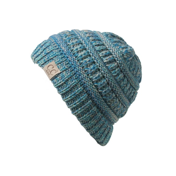 Kids Soft Cable Knit High Ponytail Winter Beanie - 3-Tone Turquoise