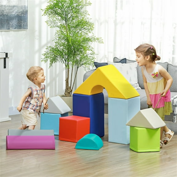 Kids Soft Play Set- Soft playset includes two half-cylinders, two small triangles, a large triangle, a small half-cylinder, two rectangles, three squares