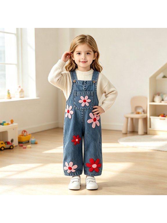 Kids Soft Washed Denim Overalls For Girls, Floral Patch Relaxed Fit, Durable Jumpsuit for Camping, Travel and Casual Outfits Blue 70