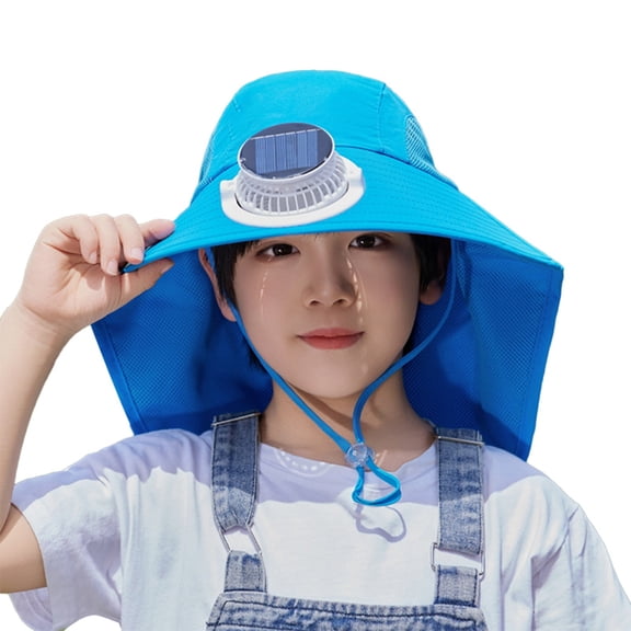 Kids Solar Fan Hat with Wide Brim for Sun Lightweight Cap for Outdoor Activities Adjustable Breathable Design for Boys and Girls Ages 3-12,Color:Blue