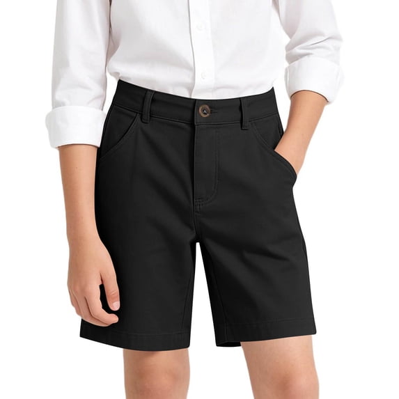 Kids' Solid Color 5-Inch Shorts, Button Waist with Pockets, Durable & Comfortable Wear, Ideal for School Uniforms & Daily Activities, 5-16 Years Black 15-16 Years