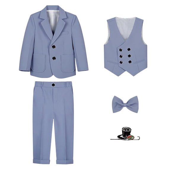 Kids Solid Color Coat Set with Sleeveless Vest, Long Pants, Tie, and Brooch for Formal Occasions, Long Sleeve Round Neck Top/Shirt Blue 100