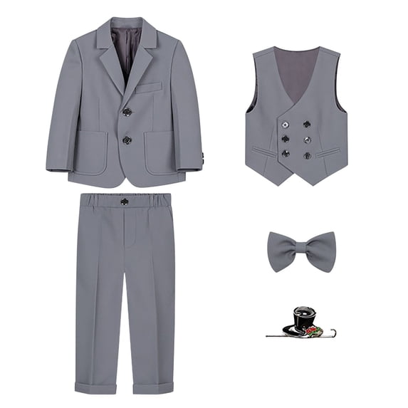 Kids Solid Color Coat Set with Sleeveless Vest, Long Pants, Tie, and Brooch for Formal Occasions, Long Sleeve Round Neck Top/Shirt Gray 110