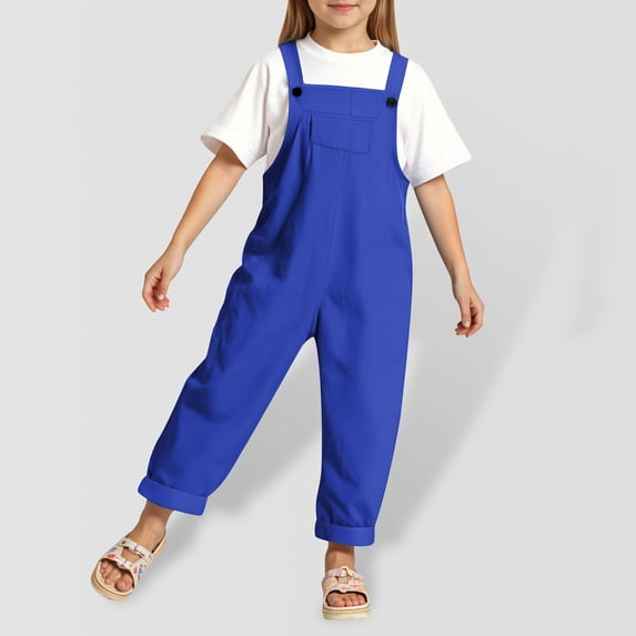 Kids' Solid Color Cotton Overalls, Unisex Adjustable Strap Jumpsuit, Casual Loose-Fit Long Pants for Boys & Girls, 8 Candy Colors, Ages 3-14