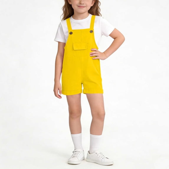 Kids' Solid Color Cuffed Hem Suspender Shorts with front pockets, great for back-to-school outfits, summer play and weekend family activities, 2-15 Years Yellow 5-6 Years
