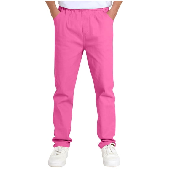 Kids Solid Color Dress Pants Casual Elastic Waist Tapered Long Trousers Boys Girls Fall Versatile Uniform Pants with Pockets Hot Pink 7-8 Years