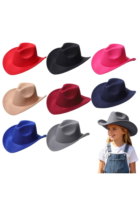 Kids Solid Color Felt Western Cowboy Hat Wide Rolled Curved Brim Cowgirl Costume Hat Lightweight Party Sun Hat for Boys Girls Beige