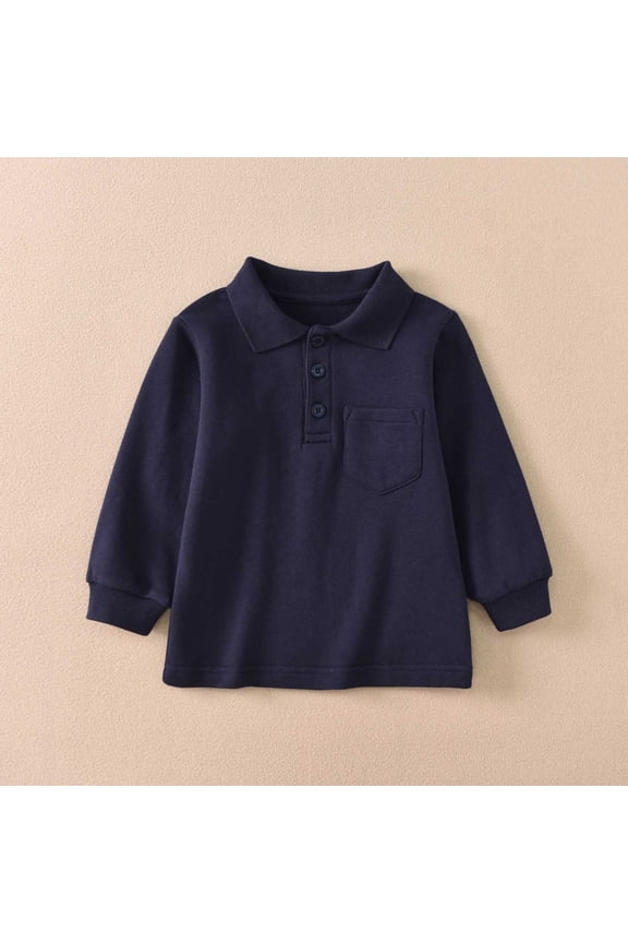 Kids Solid Color Long Sleeve Polo Shirt, Unisex Casual Lapel Top for 1-15 Years, Warm Fall/Winter Uniform & Daily Outfit