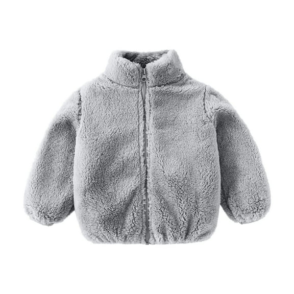 Kids Solid Color Fuzzy Fleece Jackets Stand Collar Long Sleeved Zipper Sports Jacket Children Casual Warm Loungewear Coats with Pockets Gray 3-4Y