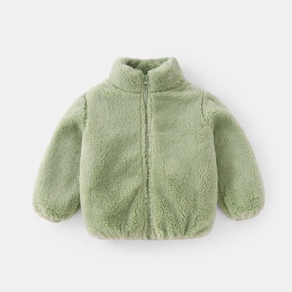 Kids Solid Color Fuzzy Fleece Jackets Stand Collar Long Sleeved Zipper Sports Jacket Children Casual Warm Loungewear Coats with Pockets Green 1-2Y