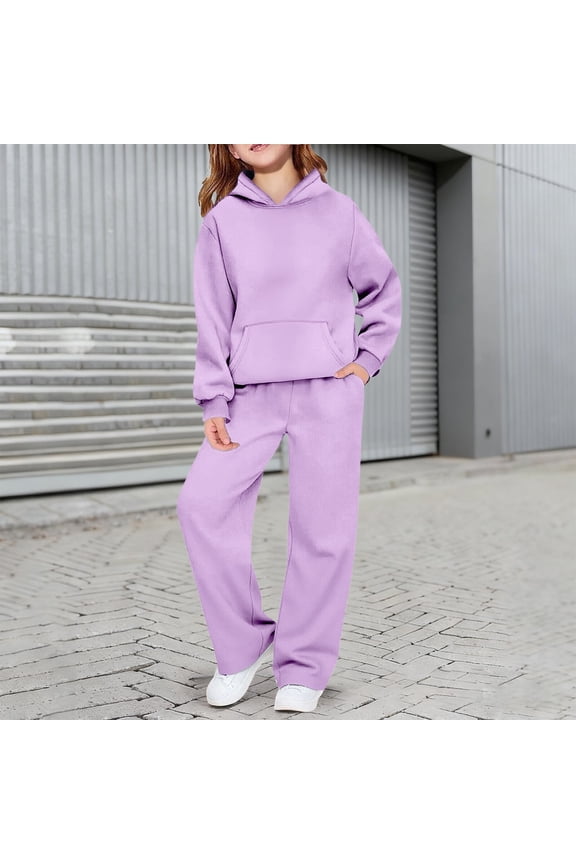 Kids Solid Color Hoodie Set, 2-Piece Pullover and Sweatpants Outfit, Cotton Blend Sportswear for Boys and Girls, Multi-Color Options for Ages 2-16 Years Purple