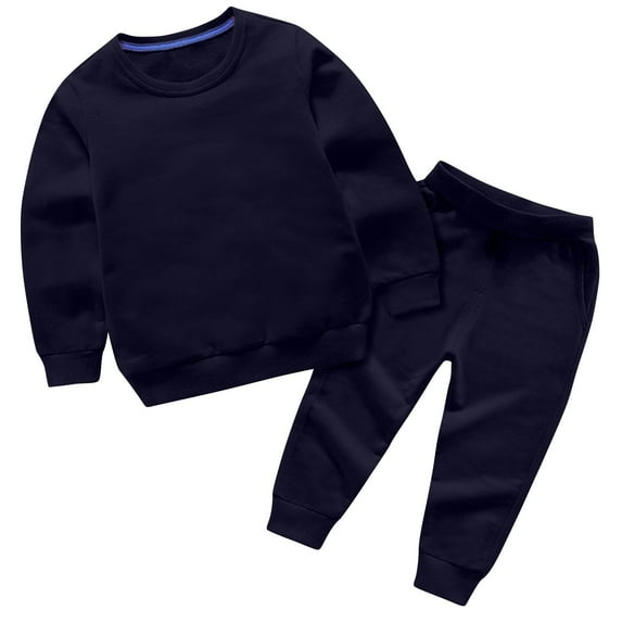 Kids Solid Color Long Sleeve Round Neck Top and Elastic Waist Pants Set for Ages 0-13, Casual Hoodie Outfit for Home, Travel, and Play Navy 2 Years