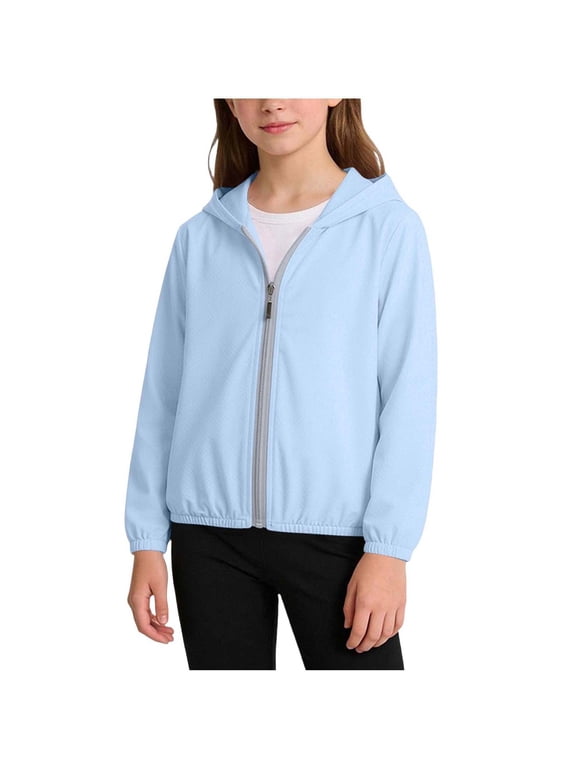 Kids Solid Color Long Sleeve Zipper Sun Protection Jacket, Thin Breathable Anti-UV Outerwear for Summer Outdoor Boys Girls Daily Sunscreen Coat Blue 14-15 Years