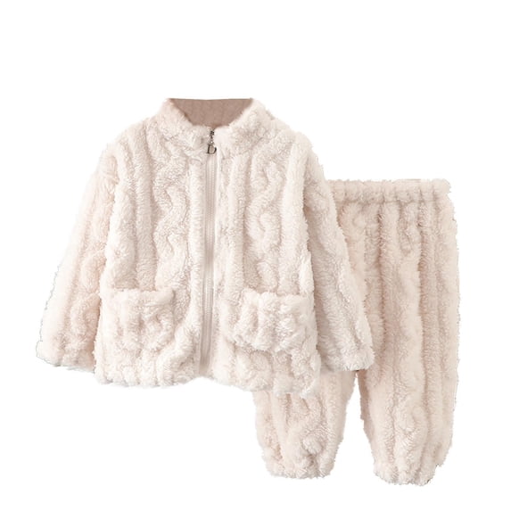Kids Solid Color Long Sleeve Zippered Top with Pocket, Elastic Waist Foot Binding Pants Set, Thick Plush Homewear for Cold Weather White 2 Years