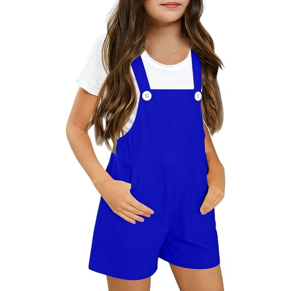 Kids' Solid Color Overalls Shorts, Adjustable Strap Denim Shorts with Pockets for Summer Casual Wear, School, Playdates, Outdoor Activities, Lightweight and Comfortable for Ages 2-15 Years - Blue