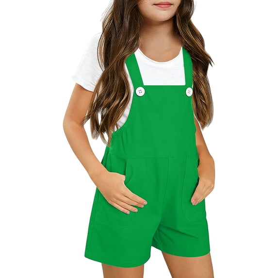 Kids' Solid Color Overalls Shorts, Adjustable Strap Denim Shorts with Pockets for Summer Casual Wear, School, Playdates, Outdoor Activities, Lightweight and Comfortable for Ages 2-15 Years - Green