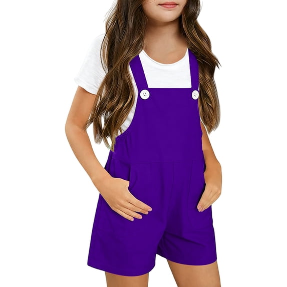Kids' Solid Color Overalls Shorts, Adjustable Strap Denim Shorts with Pockets for Summer Casual Wear, School, Playdates, Outdoor Activities, Lightweight and Comfortable for Ages 2-15 Years - Purple