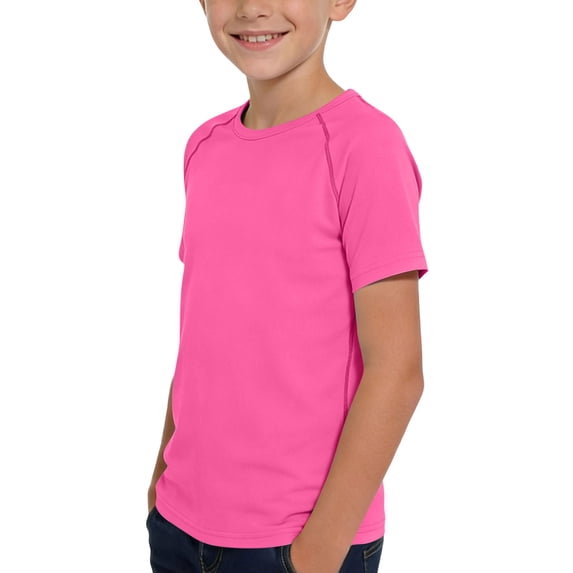 Kids' Solid Color Quick-Dry Athletic Short Sleeve Shirt, Breathable Round Neck Sport Top, Lightweight Moisture-Wicking Tee for Sports and Outdoor Play 3-12 Years Pink 7-8Years
