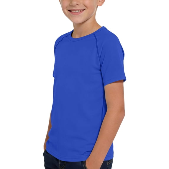 Kids' Solid Color Quick-Dry Athletic Short Sleeve Shirt, Breathable Round Neck Sport Top, Lightweight Moisture-Wicking Tee for Sports and Outdoor Play 3-12 Years Dark Blue 5-6Years