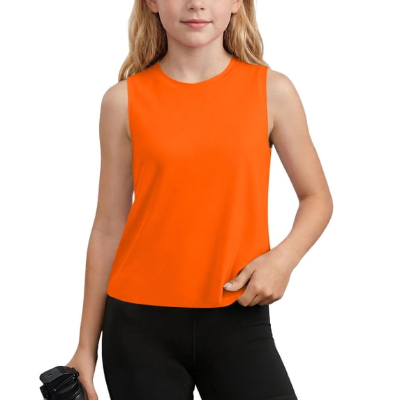Kids' Solid Color Quick-Dry Sleeveless Athletic Tank Top, Breathable Sport Shirt, Lightweight Moisture-Wicking Tee for Hot Weather and Outdoor Activities 5-15 Years Orange 14-15Years