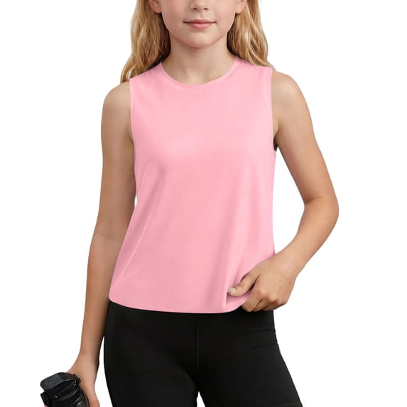 Kids' Solid Color Quick-Dry Sleeveless Athletic Tank Top, Breathable Sport Shirt, Lightweight Moisture-Wicking Tee for Hot Weather and Outdoor Activities 5-15 Years Pink 9-10Years