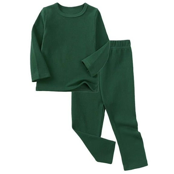 Kids Solid Color Round Neck Long Sleeve Shirt Set with Elastic Waist Long Pants for Cozy Home and Travel Wear Green 3 Years