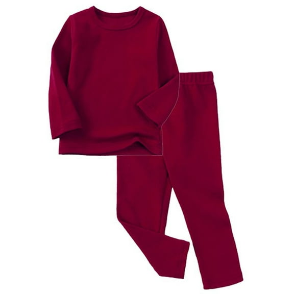 Kids Solid Color Round Neck Long Sleeve Shirt Set with Elastic Waist Long Pants for Cozy Home and Travel Wear Wine 3 Years