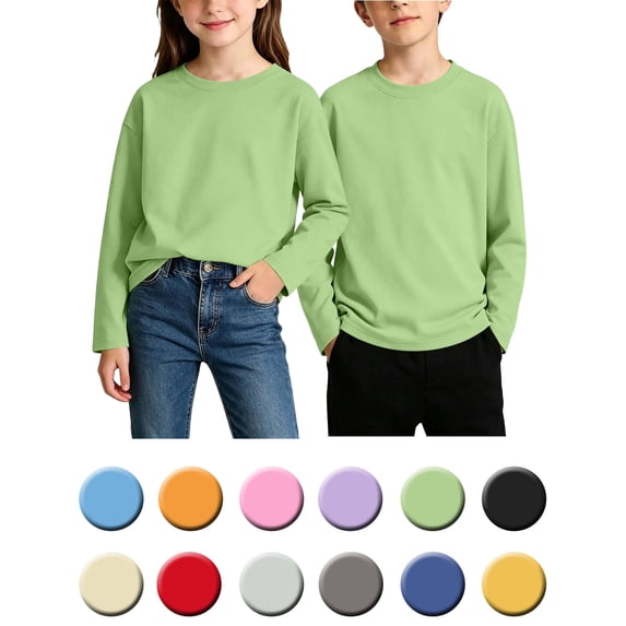 Kids Solid Color Round Neck Long Sleeve Top, Casual Pullover Base Shirt for Boys Girls 2-13 Years