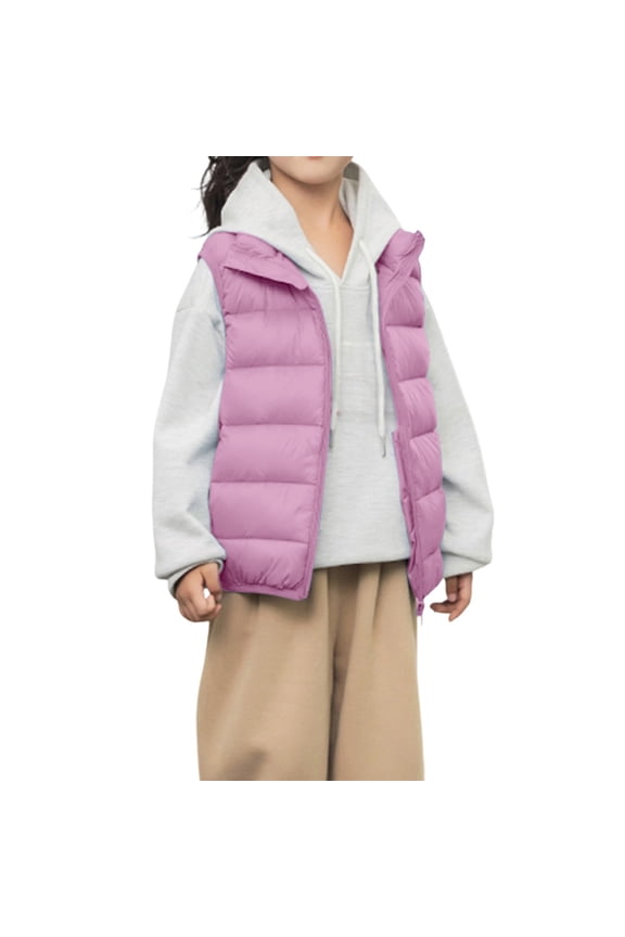 Kids Solid Color Sleeveless Down Vest, Lightweight Stand Collar Puffer Jacket Without Sleeves, Boys & Girls Thermal Waistcoat for Autumn and Winter Layering Purple
