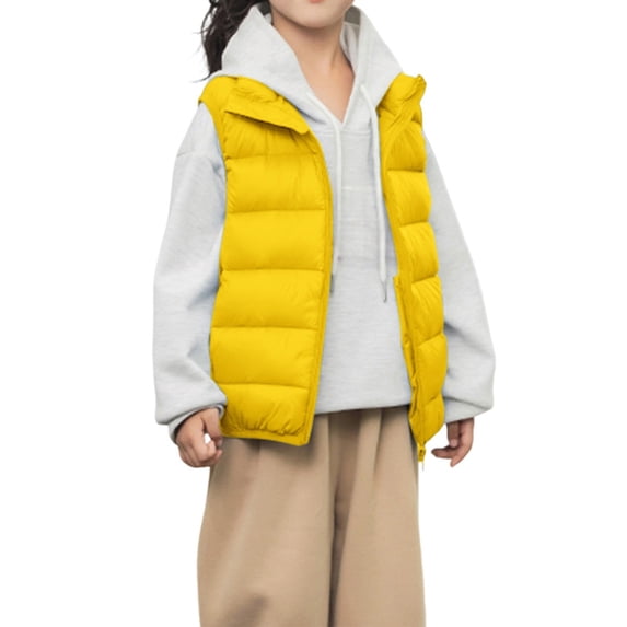 Kids Solid Color Sleeveless Down Vest, Lightweight Stand Collar Puffer Jacket Without Sleeves, Boys & Girls Thermal Waistcoat for Autumn and Winter Layering Yellow