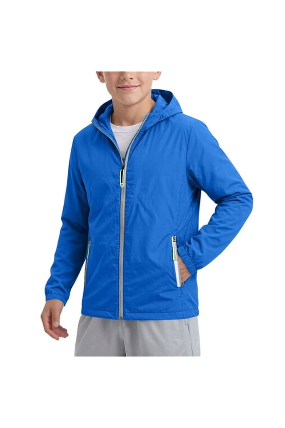 Kids' Solid Color Softshell Jacket, Lightweight Hooded Windbreaker with Zipper Side Pockets for Outdoor Play, Daily Outings and Casual Activities, Suitable for Kids, 3‑12 Years Blue 11-12 Years