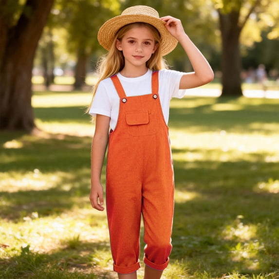 Kids' Solid Color Suspender Jumpsuit with loose fit & front pockets, great for casual outings, park play and weekend family outdoor trips, 3-10 Years Orange 7-8 Years
