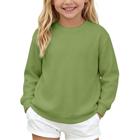 Kids Solid Color Waffle Knit Crew Neck Sweatshirt Boys Girls Long Sleeve Pullover Soft Lined Fall Winter Casual Basic Top for Daily School Layering Wear(Light Green,6-8 Years)