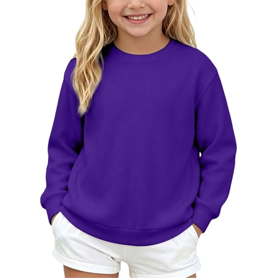 Kids Solid Color Waffle Knit Crew Neck Sweatshirt Boys Girls Long Sleeve Pullover Soft Lined Fall Winter Casual Basic Top for Daily School Layering Wear(Red,13-14 Years)
