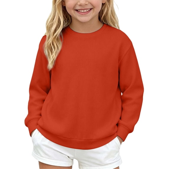 Kids Solid Color Waffle Knit Crew Neck Sweatshirt Boys Girls Long Sleeve Pullover Soft Lined Fall Winter Casual Basic Top for Daily School Layering Wear(Watermelon Red,4-5 Years)