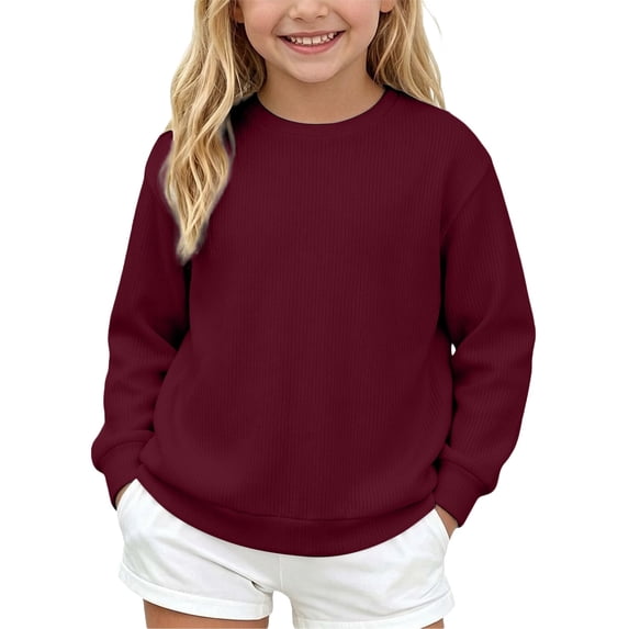 Kids Solid Color Waffle Knit Crew Neck Sweatshirt Boys Girls Long Sleeve Pullover Soft Lined Fall Winter Casual Basic Top for Daily School Layering Wear(,4-5 Years)