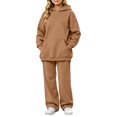 thumbnail image 1 of Kids Solid Fleece Hoodie 2 Piece Outfit Long Sleeve Hooded Top & Wide Leg Pants Set Warm Casual Tracksuit for 5-14 Years Old Boys Girls Outdoor Daily Wear Brown, 1 of 6