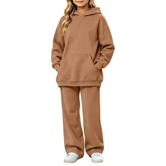 Kids Solid Fleece Hoodie 2 Piece Outfit Long Sleeve Hooded Top & Wide Leg Pants Set Warm Casual Tracksuit for 5-14 Years Old Boys Girls Outdoor Daily Wear Brown