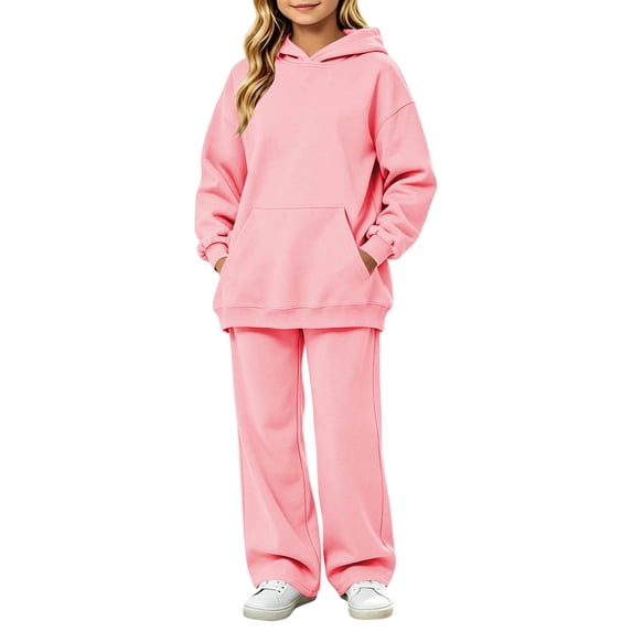 Kids Solid Fleece Hoodie 2 Piece Outfit Long Sleeve Hooded Top & Wide Leg Pants Set Warm Casual Tracksuit for 5-14 Years Old Boys Girls Outdoor Daily Wear Pink