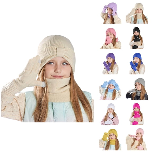 Kids Solid Knit Hat Scarf Gloves Set Winter Warm Soft Thick Cozy 3PCS Outdoor Cold Weather Gear for Boys Girls Toddler Teen Snow Travel Daily Wear Comfortable Fit – Stocking Stuffers Ski