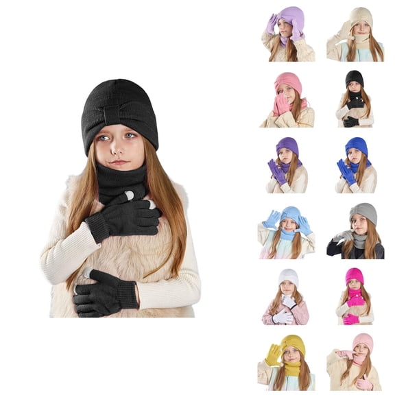 Kids Solid Knit Hat Scarf Gloves Set Winter Warm Soft Thick Cozy 3PCS Outdoor Cold Weather Gear for Boys Girls Toddler Teen Snow Travel Daily Wear Comfortable Fit – Stocking Stuffers Ski