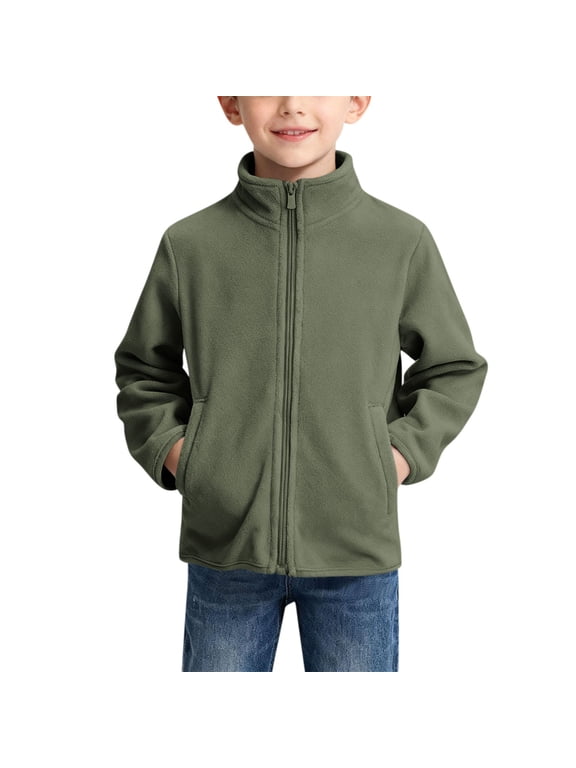 Kids Solid Polar Fleece Jacket Boys Girls Warm Stand Collar Athletic Coat with Side Pockets Fall Winter Layering Outerwear Army Green 9-10 Years